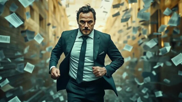 Businessman in suit running, sheets of paper flying, deadline
