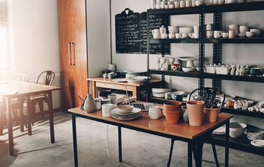 Workshop, handmade and pottery shop for creativity, artistic and manufacturing. Craft store, supply chain and small business with clay products for stock production, retail and handcrafted goods