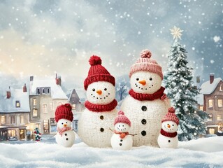 little knitted snowman's family on dreamy winter landscape. village, city with old houses, christmas tree. watercolor style