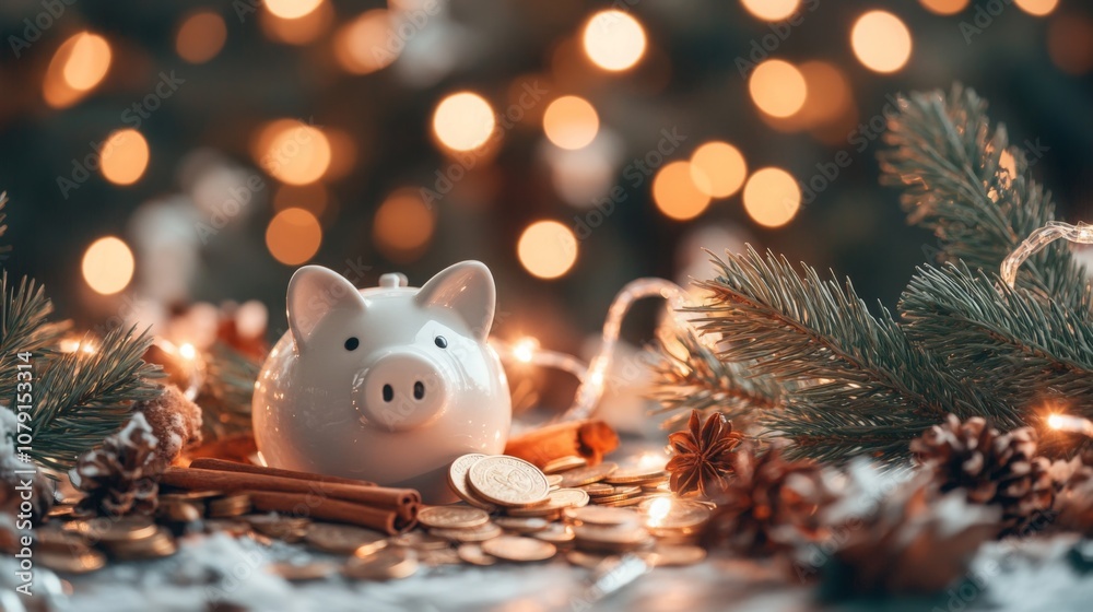 Poster a charming piggy bank sits amidst a scattering of coins, surrounded by pine branches and festive dec