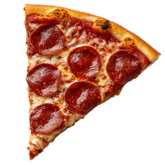 A delicious slice of pepperoni pizza with melted cheese and a golden crust. Isolated on transparent white background, png