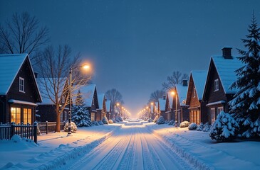Charming Winter Village Street View with Snow-Covered Houses and Street Lights
