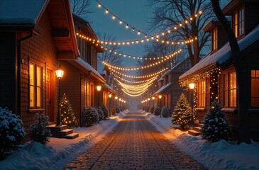 Charming Christmas lights illuminate the snowy village at night, creating a magical atmosphere