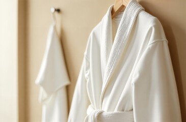 Elegant White Hotel Bathrobe Beautifully Hanging on Hanger Against Soft Beige Wall Background