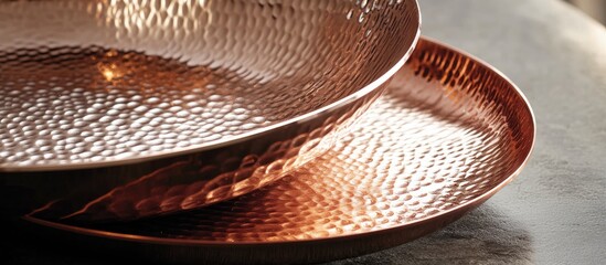 Close up of a gleaming set of copper cookware showcasing intricate craftsmanship and timeless elegance