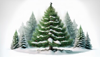 Vector illustration of decorated christmas tree in snow on white background. Green fluffy christmas pine, isolated on white background 1.4