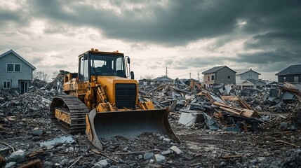 A bulldozer sits amid rubble in a demolished area under a cloudy sky. Broken structures surround it, highlighting destruction and rebuilding efforts in a devastated neighborhood - obrazy, fototapety, plakaty