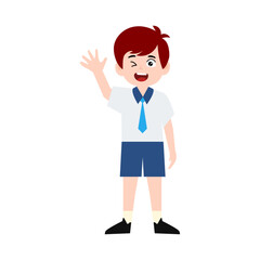 boy different pose activity school isolated on white background, uniform school white blue