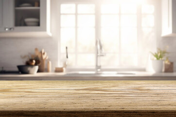 Beautiful natural wooden table with cozy kitchen background. The table has a natural wood finish with visible grain patterns. The ambiance is warm and inviting.