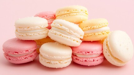 Fototapeta premium A delightful assortment of pastel-colored macarons is artfully piled together, featuring shades of pink, yellow, and white. These elegant confections highlight creamy fillings and a soft texture.