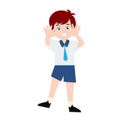 boy different pose activity school isolated on white background, uniform school white blue