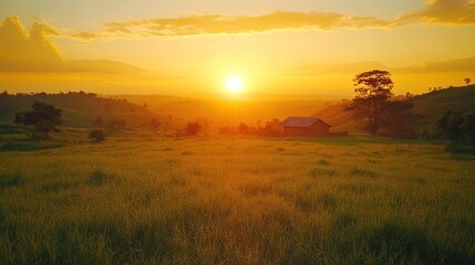 Fototapeta premium A small cabin sits on a field at sunset with rolling hills in the distance.