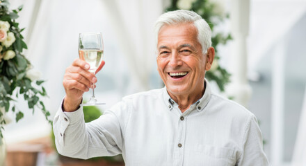 Senior man celebrating with wine glass at an outdoor party