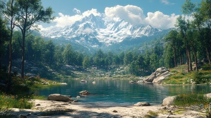 Tranquil lake in a mountain valley with snow capped peaks in the distance.