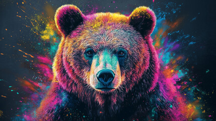 Vibrant portrait of a bear with colorful splashes and neon effects, blending wildlife with abstract art in a dynamic style