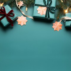 Christmas gift boxes tied velvet ribbons and paper decorations on turquoise background . Christmas background .
