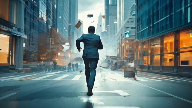 Man in suit running down street, sheets of paper in air, deadline
