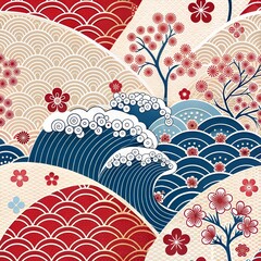 Blue and Red Japanese Floral Pattern