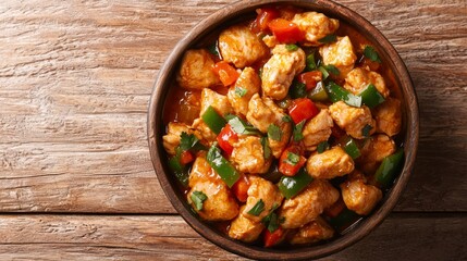 Delicious Thai Red Curry Chicken Dish with Bell Peppers and Coconut Milk in Rustic Bowl, Close-Up Aerial View
