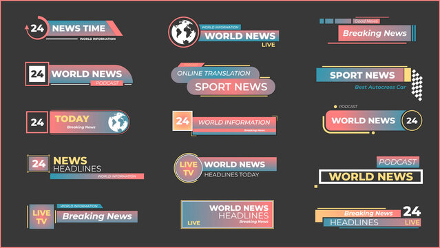 Text elements for news broadcasting. It includes forms, banners and icons.