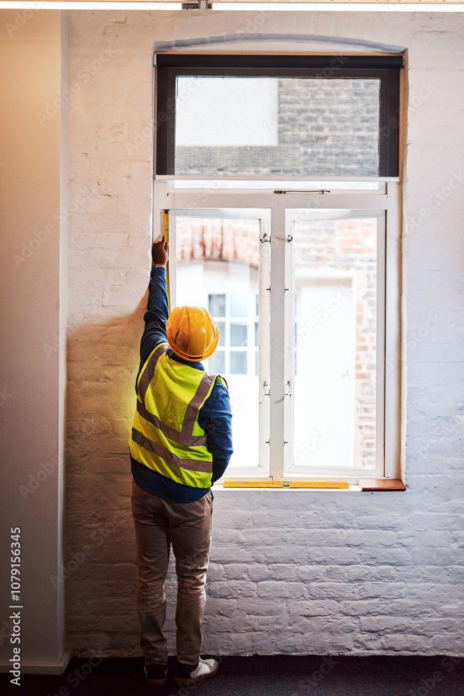 Aufkleber architect, person and tape measure on window for construction, renovation or maintenance with back v