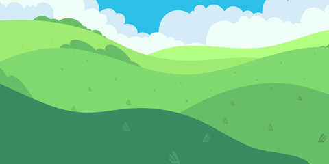 Fototapeta premium Cartoon Landscape of Rolling Green Hills Under a Fluffy Cloud Sky