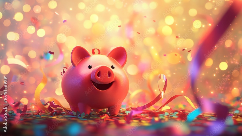 Poster a pink piggy bank stands in a festive setting surrounded by multi-colored confetti and ribbons. the 