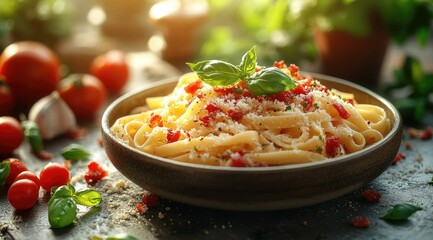 A bowl of pasta with sun-dried tomatoes, parmesan cheese, and basil.