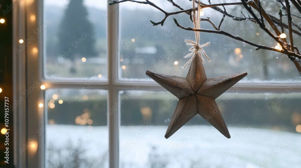 Aufkleber A white star ornament is hanging from a bare branch in front of a window. The branch is slightly out of focus, as is the view outside the window.