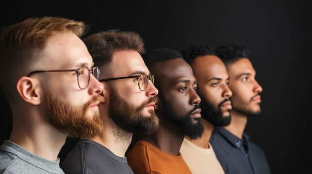 Profile view of diverse group of men standing together, symbolizing unity and strength in diversity on a dark background