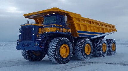 Obraz premium Large Yellow Mining Dump Truck in Snowy Landscape