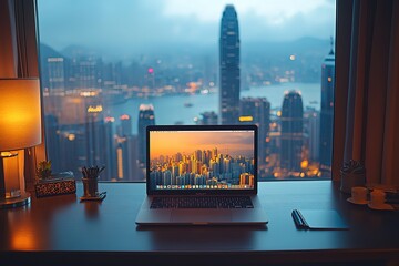 A laptop sits open on a desk in front of a large window with a cityscape view, glowing with warm lights.