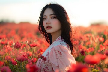 Naklejka premium Ethereal Young Woman in Floral Field at Sunset with Red Poppies, Soft Light, Romantic Atmosphere, Embracing Nature and Beauty in Blooming Landscape