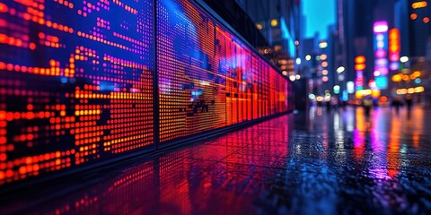 Fototapeta premium A city street at night, illuminated by a large LED screen displaying a pattern of red and blue lights. The screen reflects in the wet pavement.