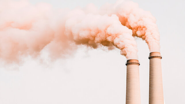 Industrial Smokestacks Emitting Orange Smoke Against Light Background. Air Pollution Concept