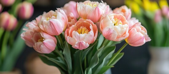 Close up of a stunning pink peony tulip showcasing delicate petals and vibrant colors ideal for spring celebrations