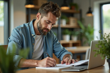 Obraz premium Man Using Recycled Notebook in Eco-Friendly Office