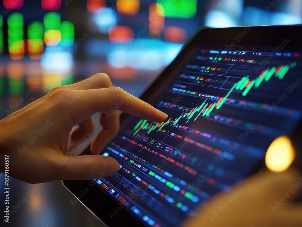 Poster man using tablet with stock market graph on background. generative ai.