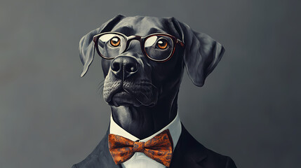 Professor paws: a sophisticated canine scholar sports a dapper bowtie and spectacles, radiating intellectual charm and canine charisma against a sleek gray backdrop. Mystique. Illustration