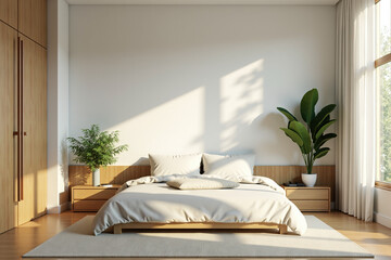 Minimalist Bedroom with Natural Wooden Furniture and Plants