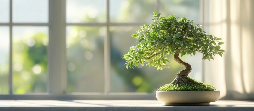 Close up of a green ficus bonsai elegantly positioned against a window perfect for minimalistic urban jungle decor