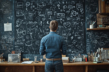 A man stands in front of a chalkboard covered in scribbled notes and diagrams, contemplating the vastness of knowledge and the unknown