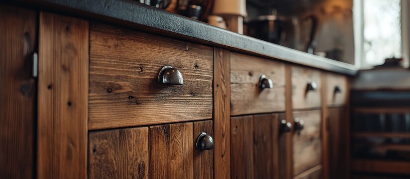 Close up of rustic wooden cabinet doors featuring elegant metallic knobs enhancing the cozy ambiance of a well lit kitchen