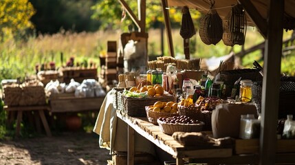 Rustic market stall with fresh produce in sunlight