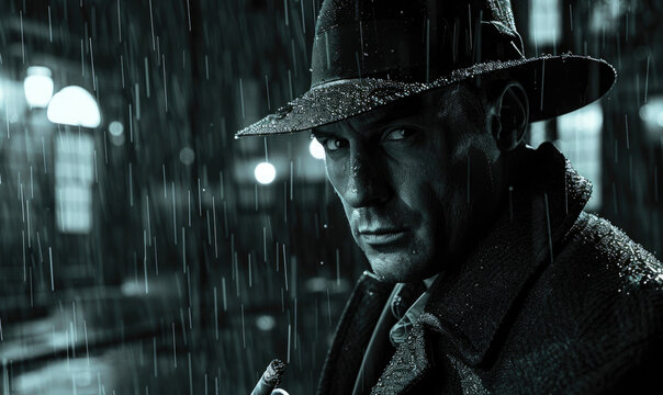 A man in a fedora stands in the rain, his eyes fixed on something beyond the frame. The city lights blur behind him, a symphony of neon and wet pavement