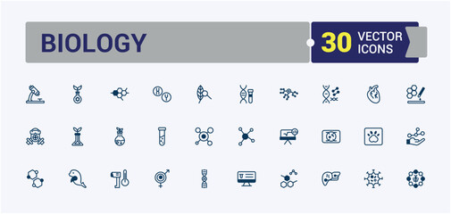 Set of Biology line icons. Includes icons for chemistry, gene, experiment, genetic, engineering and more. Modern thin icons. Editable vector illustration.