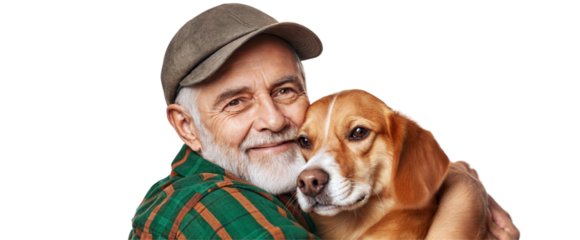 Senior man happily hugging his loving dog, transparent or white isolate background