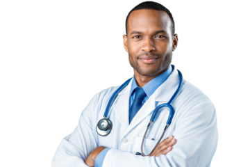 Doctor smiling with arms crossed, transparent or white isolate background
