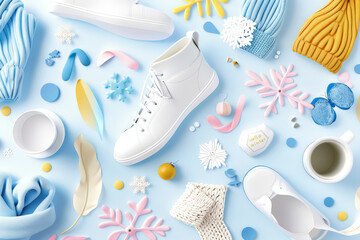 Naklejka premium Overhead view of winter accessories like beanies, scarf, and white sneakers on a light blue background, creating a cozy, stylish theme.