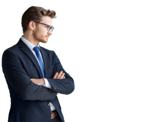 Businessman in suit, thoughtful pose, transparent or white isolated background